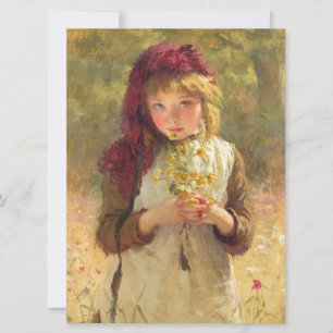 Cute Young Girl Holding Gult Butterkoppsblommor Kort
