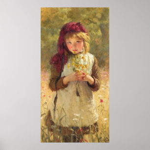 Cute Young Girl Holding Gult Butterkoppsblommor Poster