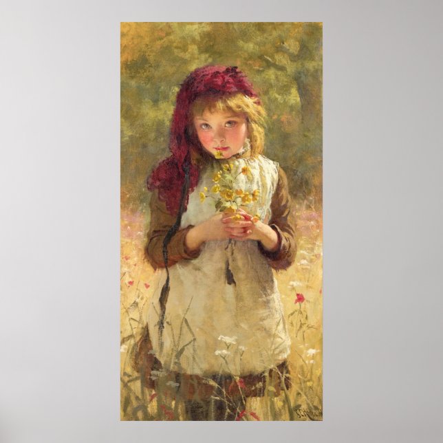 Cute Young Girl Holding Gult Butterkoppsblommor Poster (Framsidan)