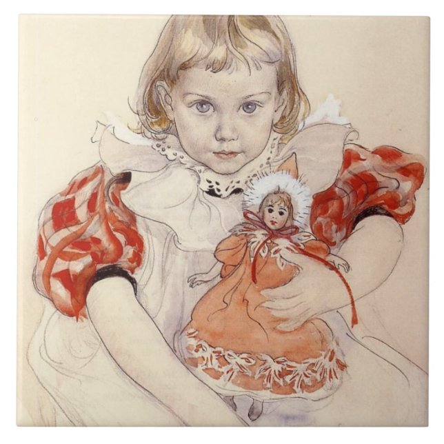 Cute Young Girl with a Doll (Barndomskonst) Kakelplatta (Framsidan)