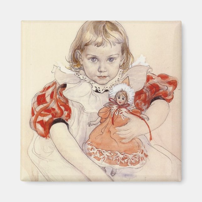 Cute Young Girl with a Doll (Barndomskonst) Magnet (Framsidan)