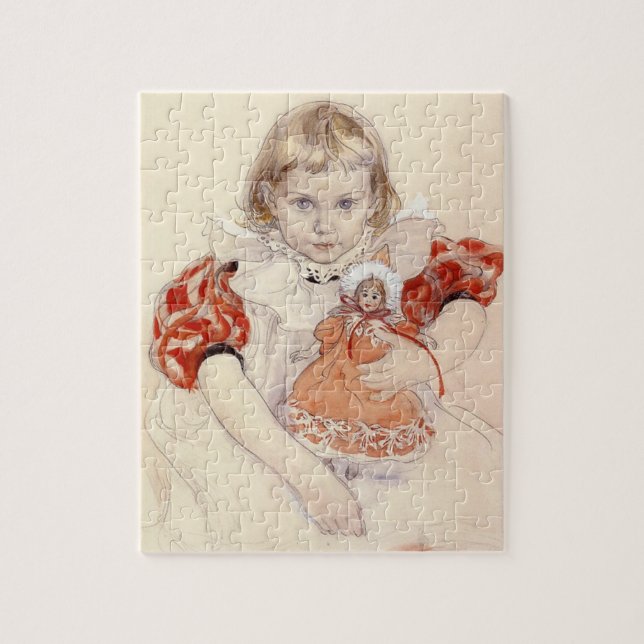 Cute Young Girl with a Doll (Barndomskonst) Pussel (Vertikal)