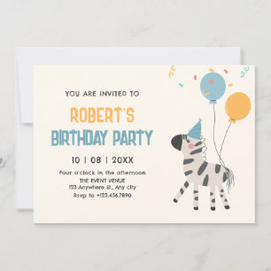 Cute zebra-ballonger födelsedag inbjudningar