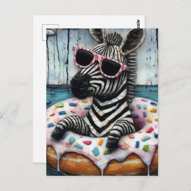 Cute Zebra Enjoys a Flyt Resa i Doughnut Vykort (Fram/baksida)