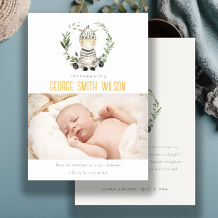Cute Zebra Foliage-andedräkt Foto på födelseannons Tack Kort