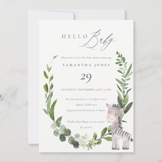 Cute Zebra Foliage Hej Baby Shower Inbjudan (Framsida)