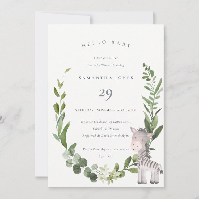 Cute Zebra Foliage Hej Baby Shower Inbjudan (Framsida)