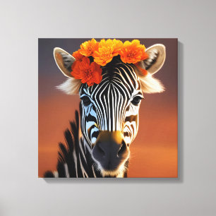 Cute Zebra med Orange Flowers Canvastryck
