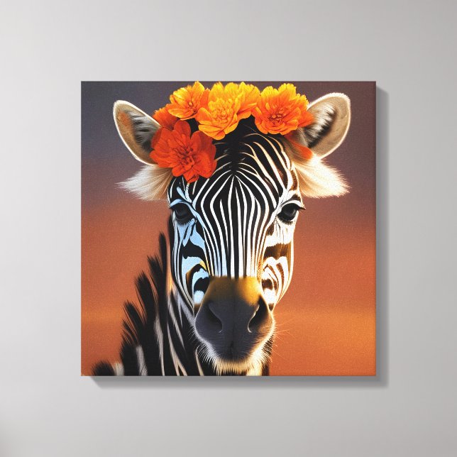 Cute Zebra med Orange Flowers Canvastryck (Framsida)