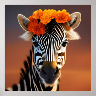 Cute Zebra med Orange Flowers Poster