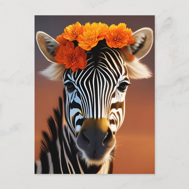 Cute Zebra med Orange Flowers Vykort (Framsida)