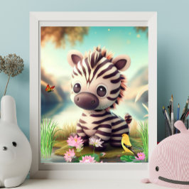 Cute Zebra nära en damm med blommor och fåglar Poster