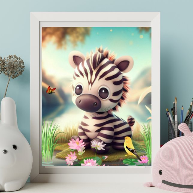 Cute Zebra nära en damm med blommor och fåglar Poster (Skapare uppladdad)