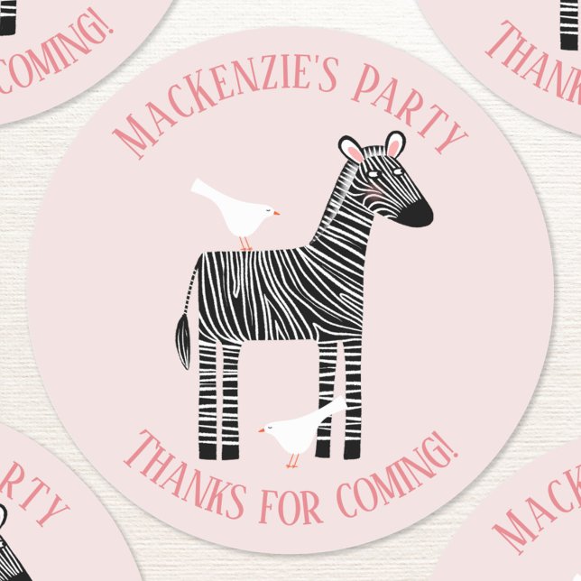 Cute Zebra Party Tack Runt Klistermärke (Fun pink zebra custom text personalized kids birthday party thank you sticker)