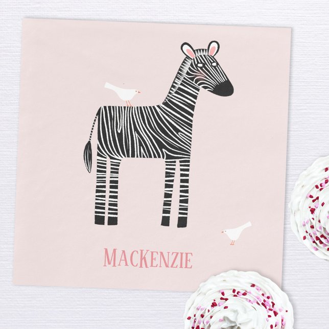 Cute Zebra Rosa Party Pappersservett (Fun personalized name zebra party paper napkins)