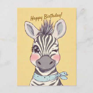 Cute Zebra with Bandana Kids Birthday Invitation Vykort
