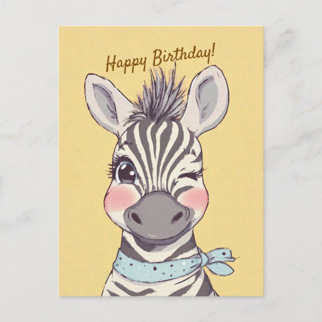 Cute Zebra with Bandana Kids Birthday Invitation Vykort (Framsida)