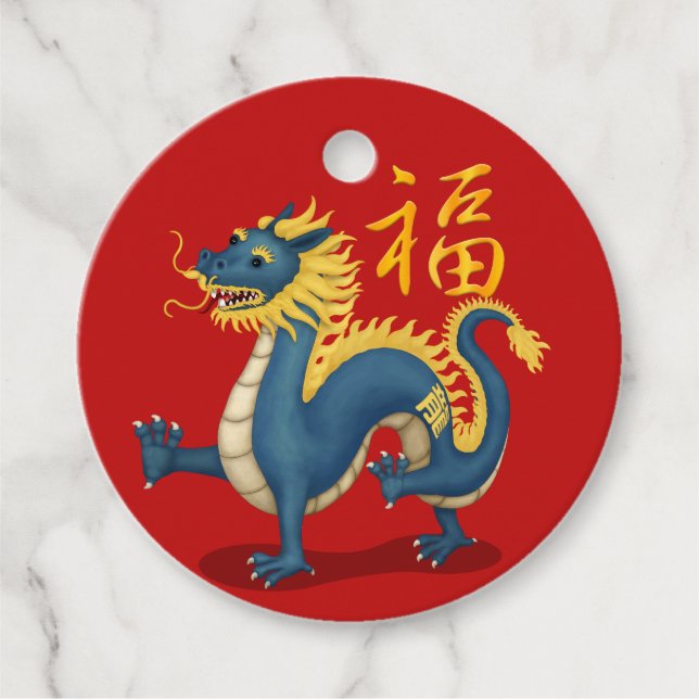 Cute Zodiac Dragon "Fortune" kinesiskt nyår Gåvor Etiketter (Framsida)