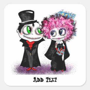 Cute zombie bride tecknad GOTH bröllop Fyrkantigt Klistermärke