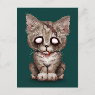 Cute Zombie Kitten Cat på Teal Blue Vykort