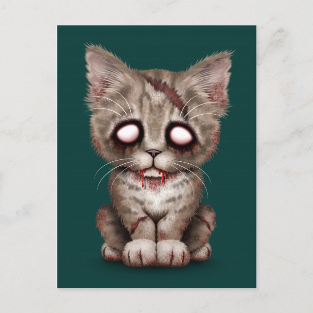 Cute Zombie Kitten Cat på Teal Blue Vykort (Framsida)
