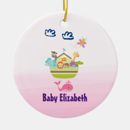 Cute Zoo Animal Ark med Butterfly Rosa Baby Julgransprydnad Keramik