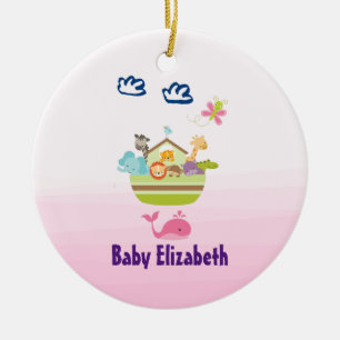 Cute Zoo Animal Ark med Butterfly Rosa Baby Julgransprydnad Keramik