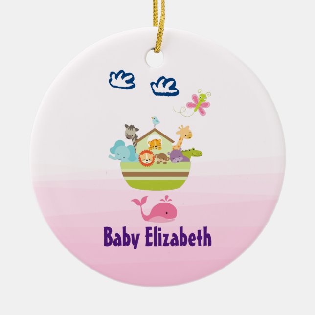 Cute Zoo Animal Ark med Butterfly Rosa Baby Julgransprydnad Keramik (Framsidan)