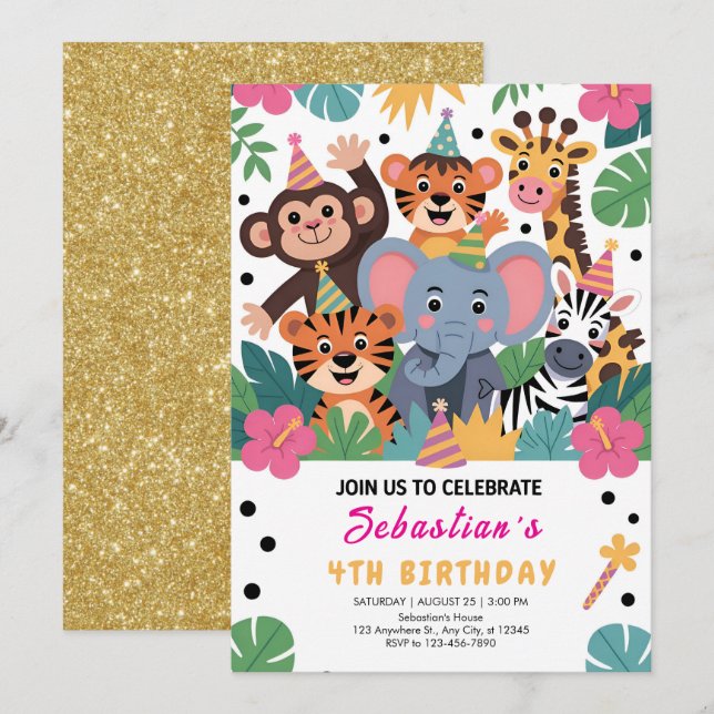 Cute Zoo Animal Kids Party Inbjudningar (Fram/baksida)