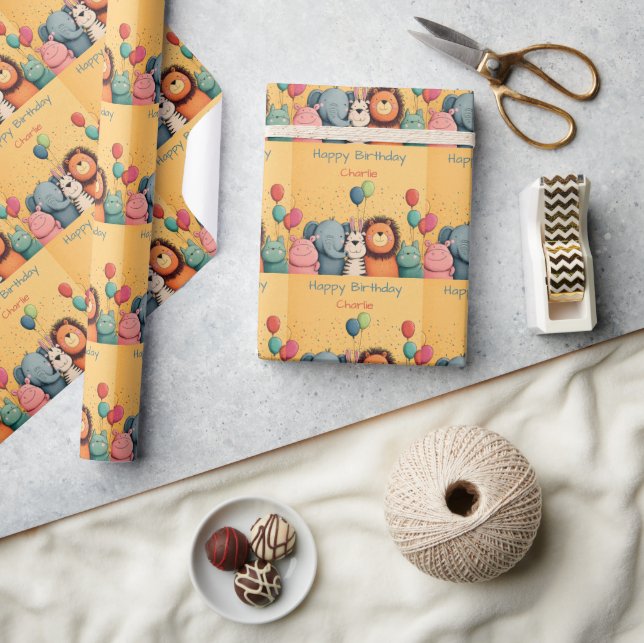Cute Zoo Animals Party med ballonger och konfetti Presentpapper (Hantverk)