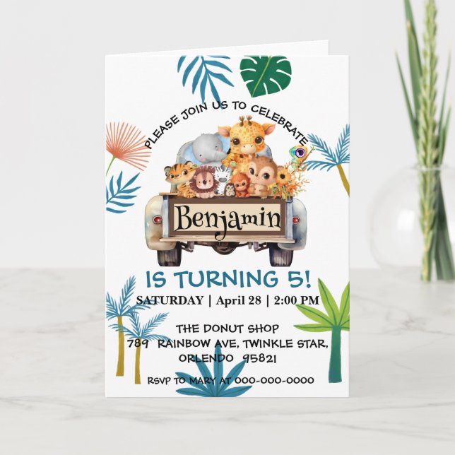 Cute Zoo-djungelfarm lastbil traktorpojken Birthda Inbjudan (Framsida)
