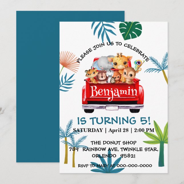 Cute Zoo-djungelfarm lastbil traktorpojken Birthda Inbjudningar (Fram/baksida)