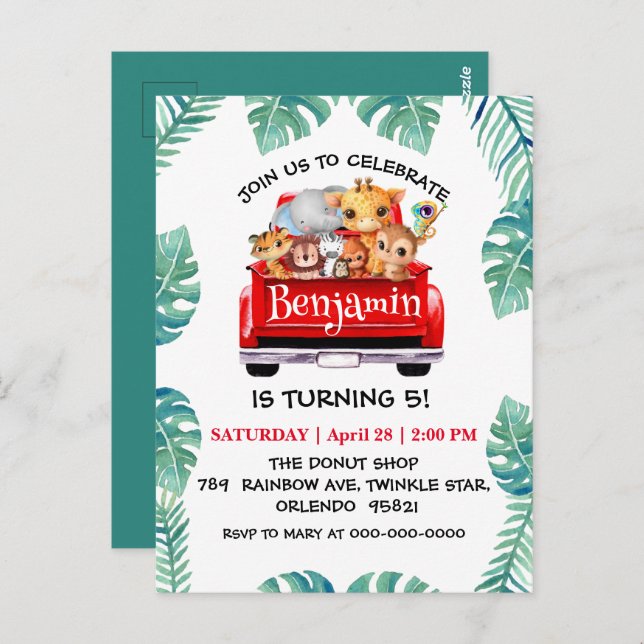 Cute Zoo djungelgård lastbil traktor pojke Födelse Vykort (Fram/baksida)