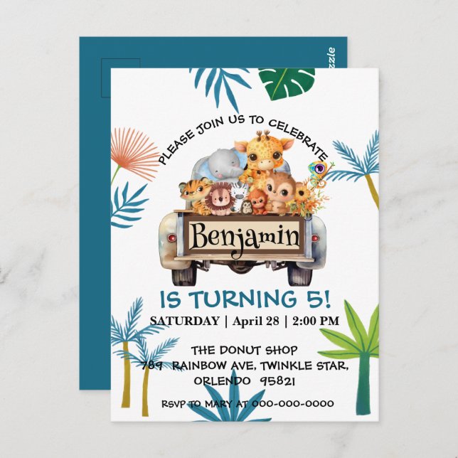 Cute Zoo djungelgård lastbil traktor pojke Födelse Vykort (Fram/baksida)