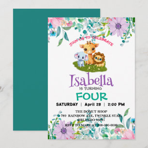 Cute Zoo-djungeln baby djur Birthday Flower Childr Inbjudningar