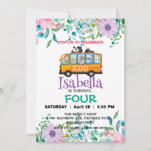 Cute Zoo School Buss Animals Birthday Flower child Inbjudningar