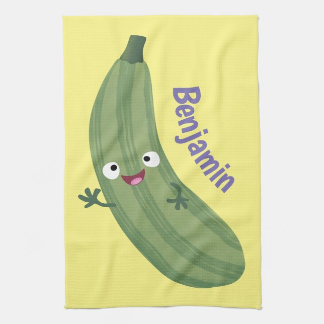 Cute zucchini lycklig tecknad illustration kökshandduk (Vertikal)