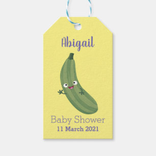 Cute zucchini lycklig tecknad illustration presentetikett