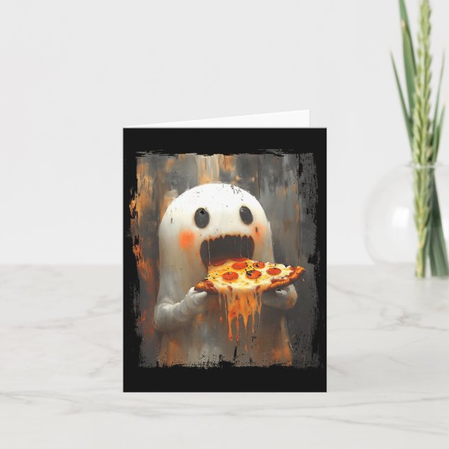 Cute Zza Ghost Eating Zza Funny Halloween Food Lov Kort (Framsida)