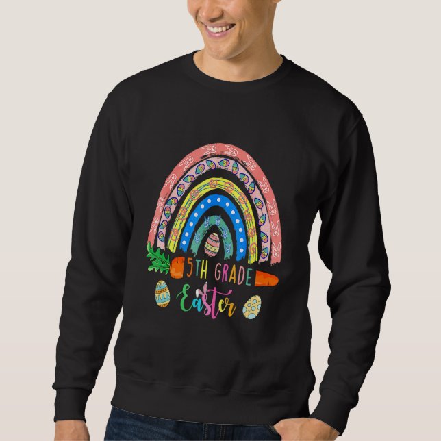 Cutest 5th Klass Bunnies Eggs Boho Rainbow Lycklig Lång Ärmad Tröja (Framsida)