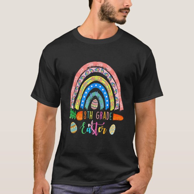 Cutest 8th Klass Bunnies Eggs Boho Rainbow Lycklig T Shirt (Framsida)