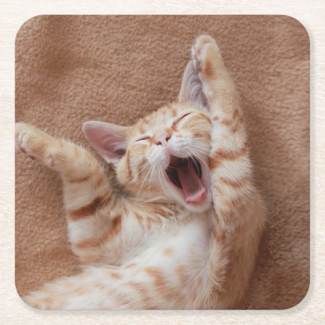 Cutest Baby Animals | Ginger Kitten Yawning Underlägg Papper Kvadrat (Framsidan)