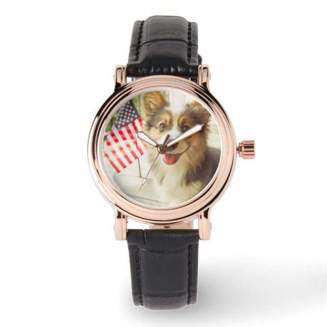 Cutest Baby djur | American Flagga Corgi Armbandsur (Framsida)