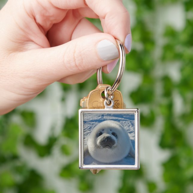 Cutest Baby djur | Baby Seal Fyrkantig Silverfärgad Nyckelring (Hand)