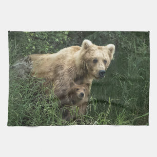 Cutest Baby djur Bär Mamma och hennes Unge Kökshandduk