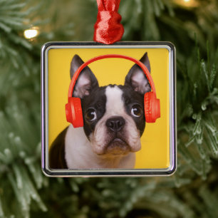 Cutest Baby djur Boston Terrier-hörlurar Julgransprydnad Metall