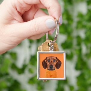 Cutest Baby djur Dachshund Orange Sweater Fyrkantig Silverfärgad Nyckelring