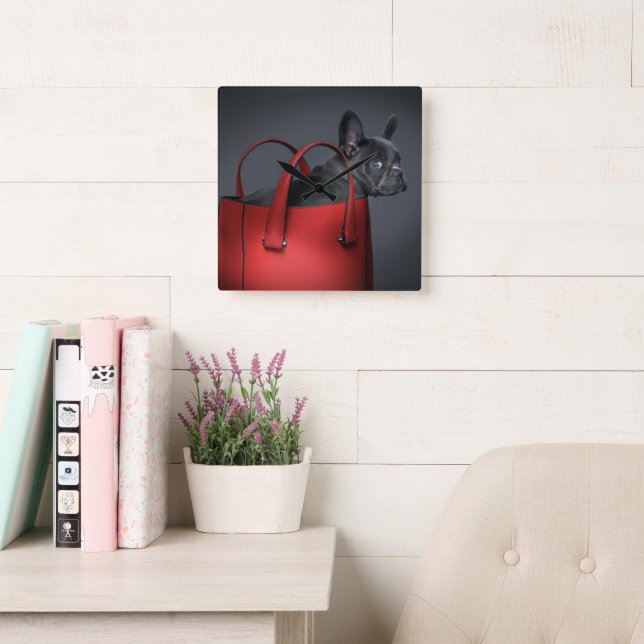 Cutest Baby djur | Fransk Bulldog Red Hand Bag Fyrkantig Klocka (Läsesal)