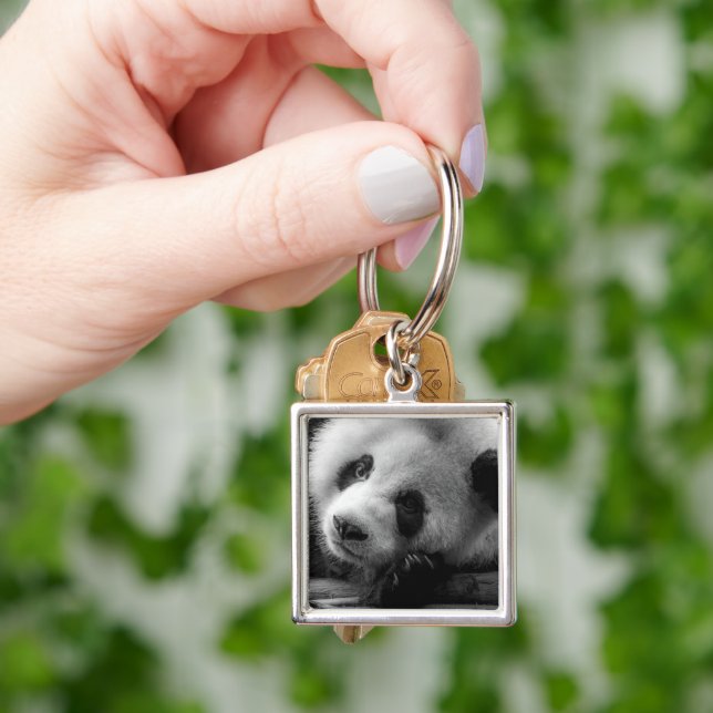 Cutest Baby djur | Giant Panda Bear Unge Fyrkantig Silverfärgad Nyckelring (Hand)