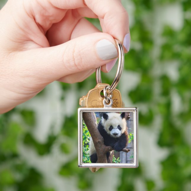 Cutest Baby djur | Giant Panda Unge Fyrkantig Silverfärgad Nyckelring (Hand)